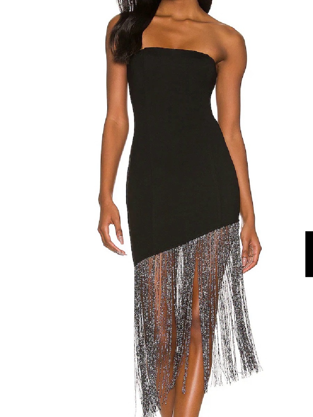 superdown Black Strapless Fringe Midi Dress